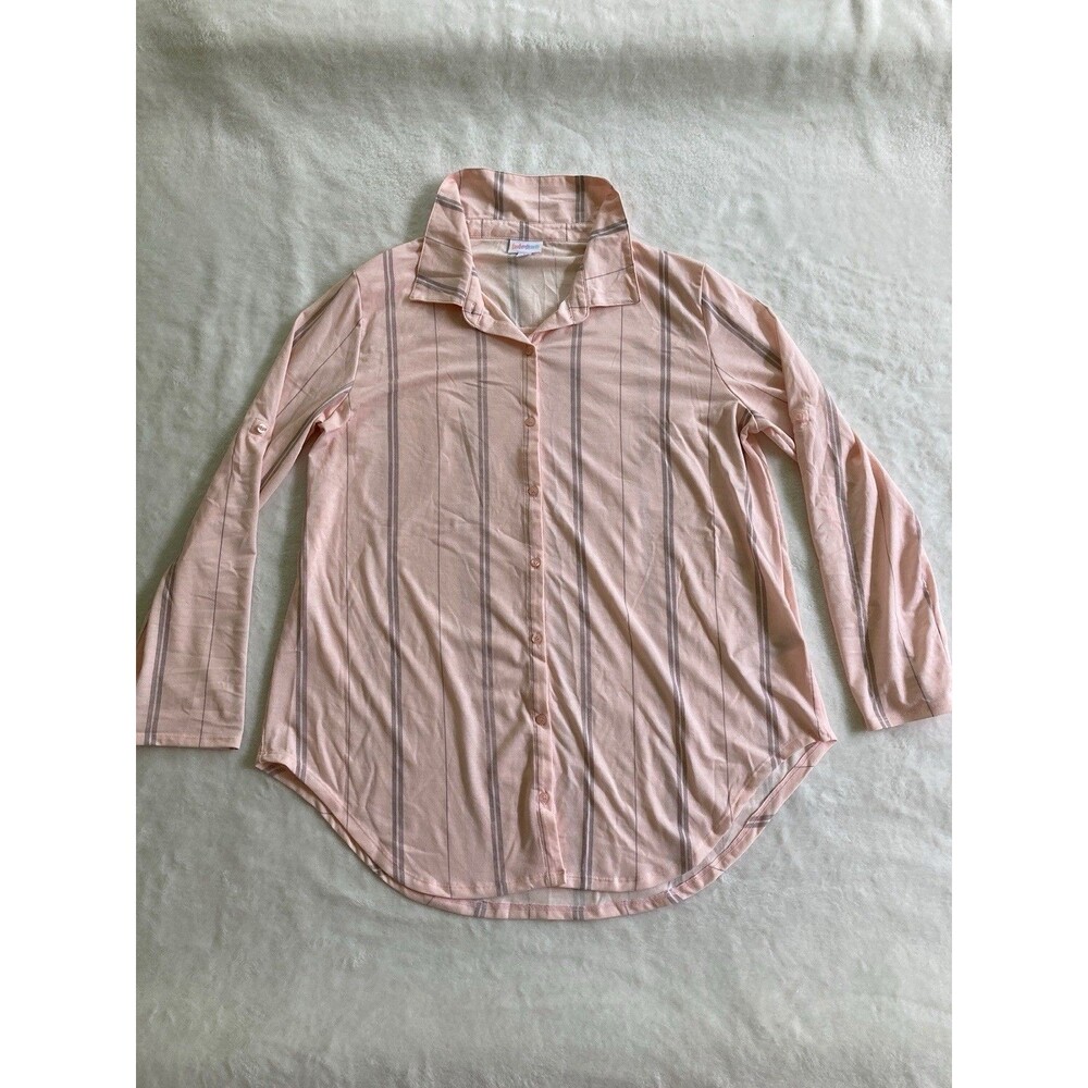 Lularoe Size Large Striped Pink Grey Button Up Top Shirt Blouse Stretch